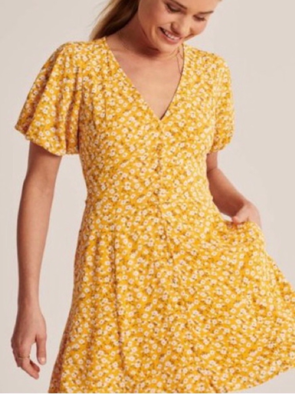 Abercrombie & Fitch Yellow Floral Button-Front Mini Dress